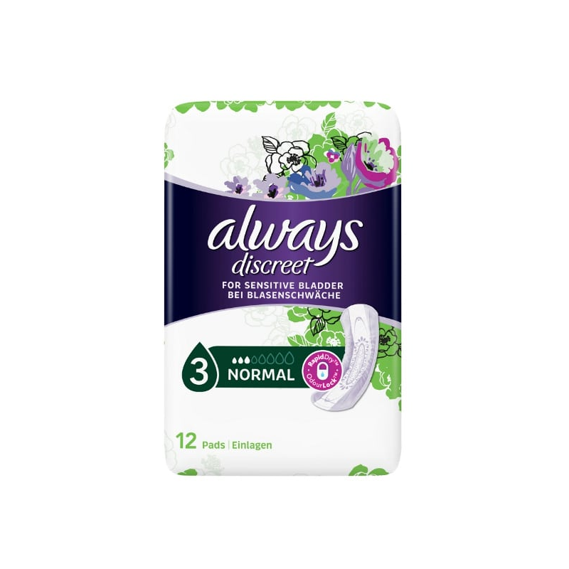 Web 1280 – 481 Always Discreet Normal Size 3 Σερβιέτες Για Ακράτεια, 12 τεμάχια - Image 1