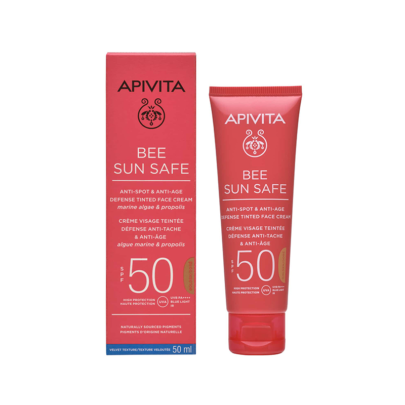 Web 1280 – 879 Apivita Bee Sun Safe Anti-Spot & Anti-Age Defence Tinted Face Cream SPF50 με Θαλάσσια Φύκη και Πρόπολη Gold, 50ml - Image 1