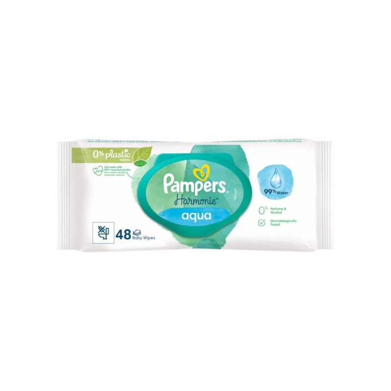 Web 1280 – 900 Pampers Harmonie Aqua Baby Wipes 0% Plastic, 48 τμχ - Image 1